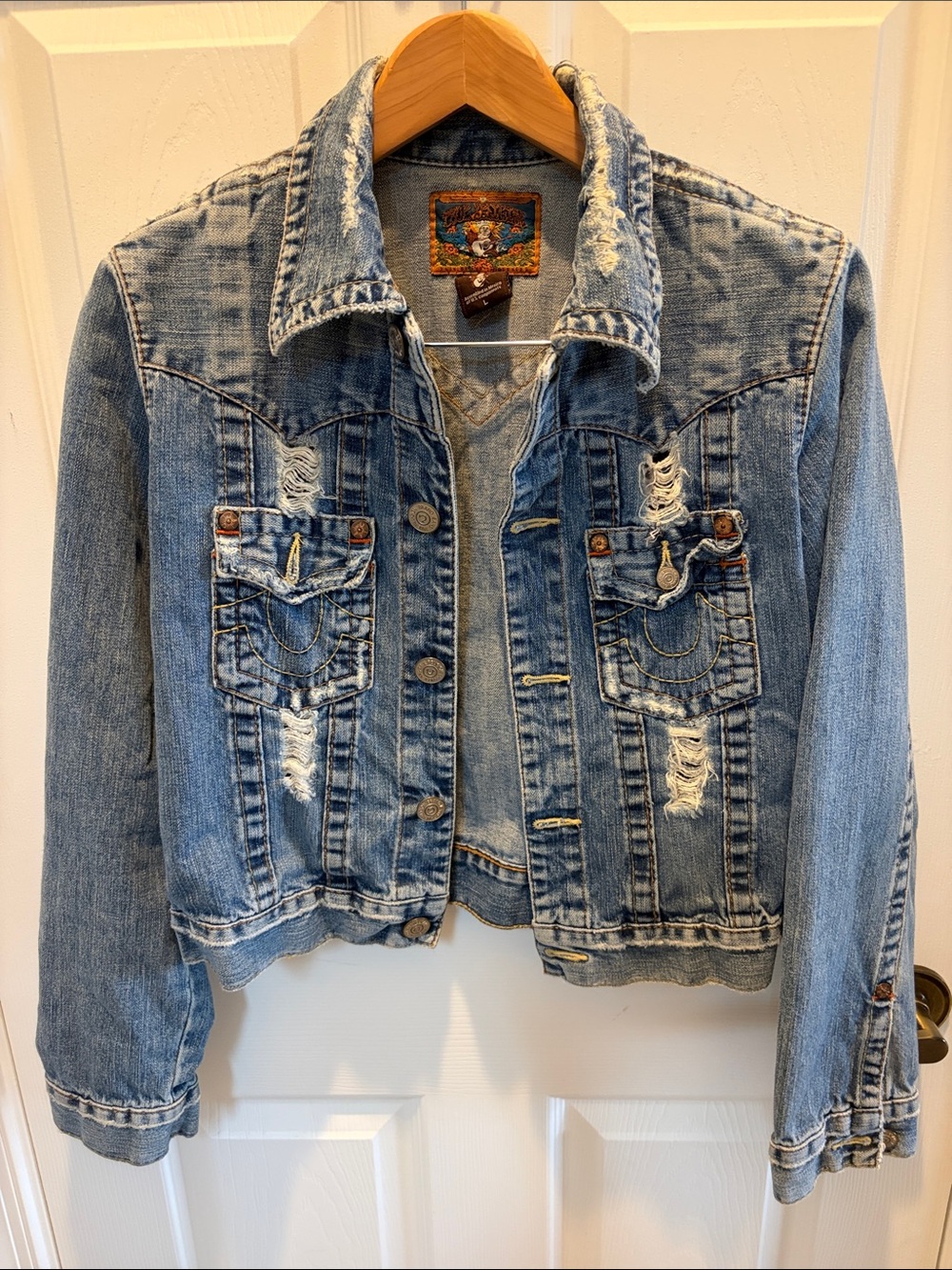 True Religion Distressed Light Blue Denim Jacket